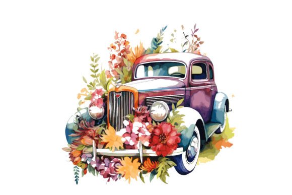 Watercolor Cars Floral Vector Design: Graphics for Crafts